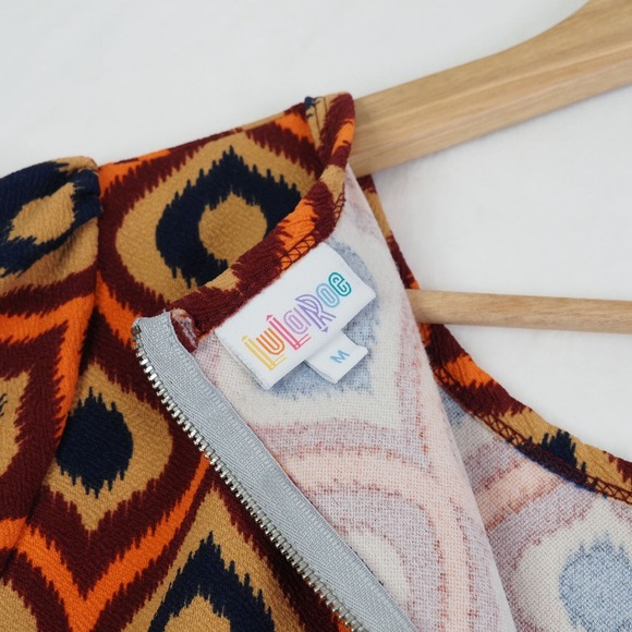 LuluRoe Womens Fit and Flare Dress M Orange Navy Geometric Mod Retro Skater - Picture 3 of 8